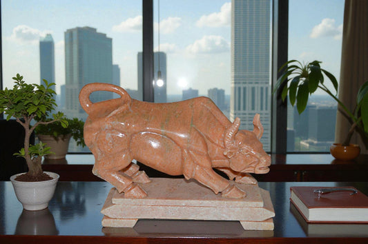Wall Street Bull Statue Made of Marble - Size: 9"L x 4"W x 8"H.