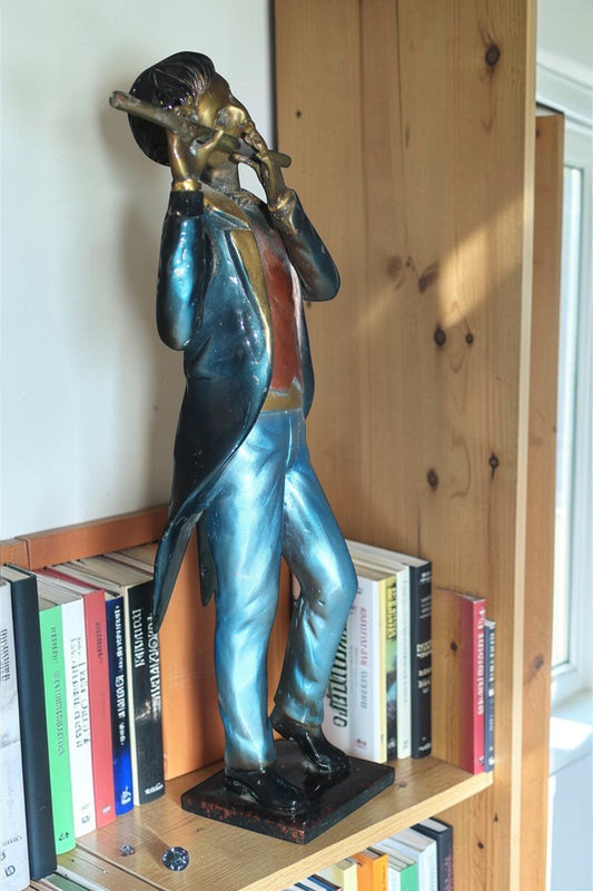 Boy Playing the Flute Bronze Statue - Size: 5"L x 10"W x 19"H.