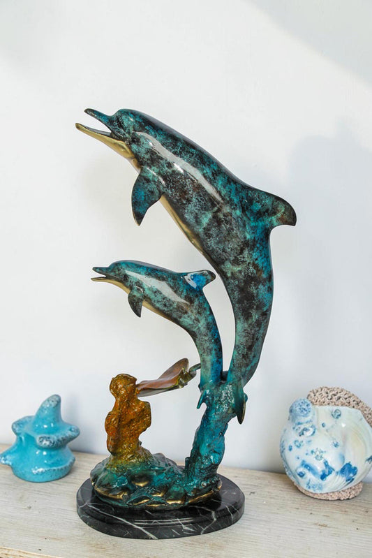 Nifao Enchanting Bronze Mermaid with Two Dolphins Statue – Handcrafted Lost Wax Sculpture with Marble Base, Ocean Fantasy Art Decor for Home, Coastal Themes, and Collectors 9" x 7" x 22"H