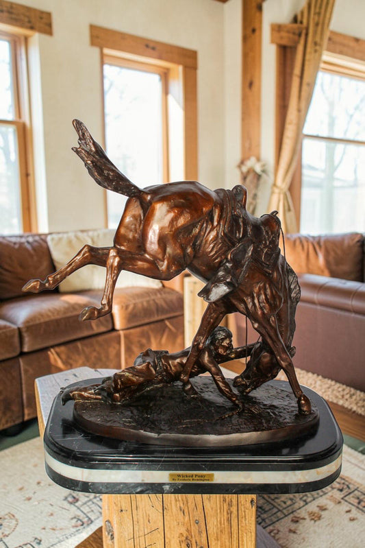Nifao Brand – Wicked Pony Bronze Statue by Frederic Remington | Cowboy & Wild Horse Sculpture | Lost Wax Casting | Western Art Decor 19" x 11" x 23"H