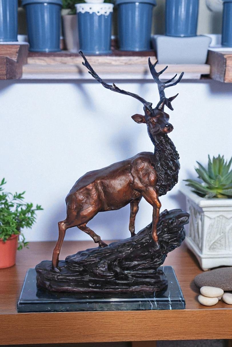 Bronze Statue of Deer Walking on Rocks, Elegant Wildlife Decor 15" x 7" x 21"H