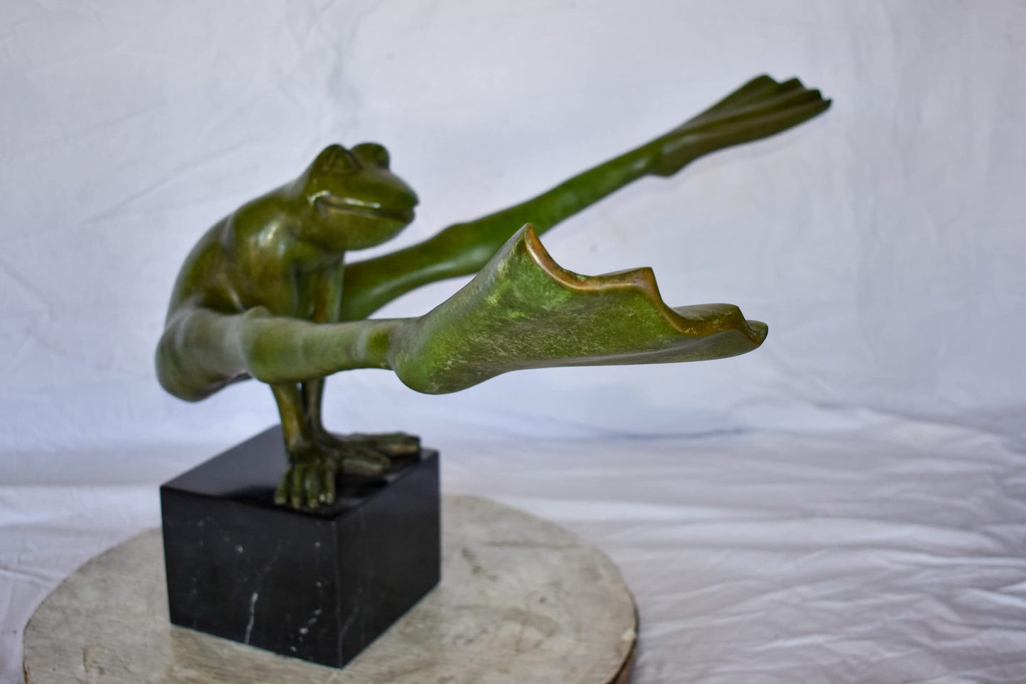 Acrobatic Frog Green Patina Bronze Statue Mounted on A Marble  43" x 26" x 20"H
