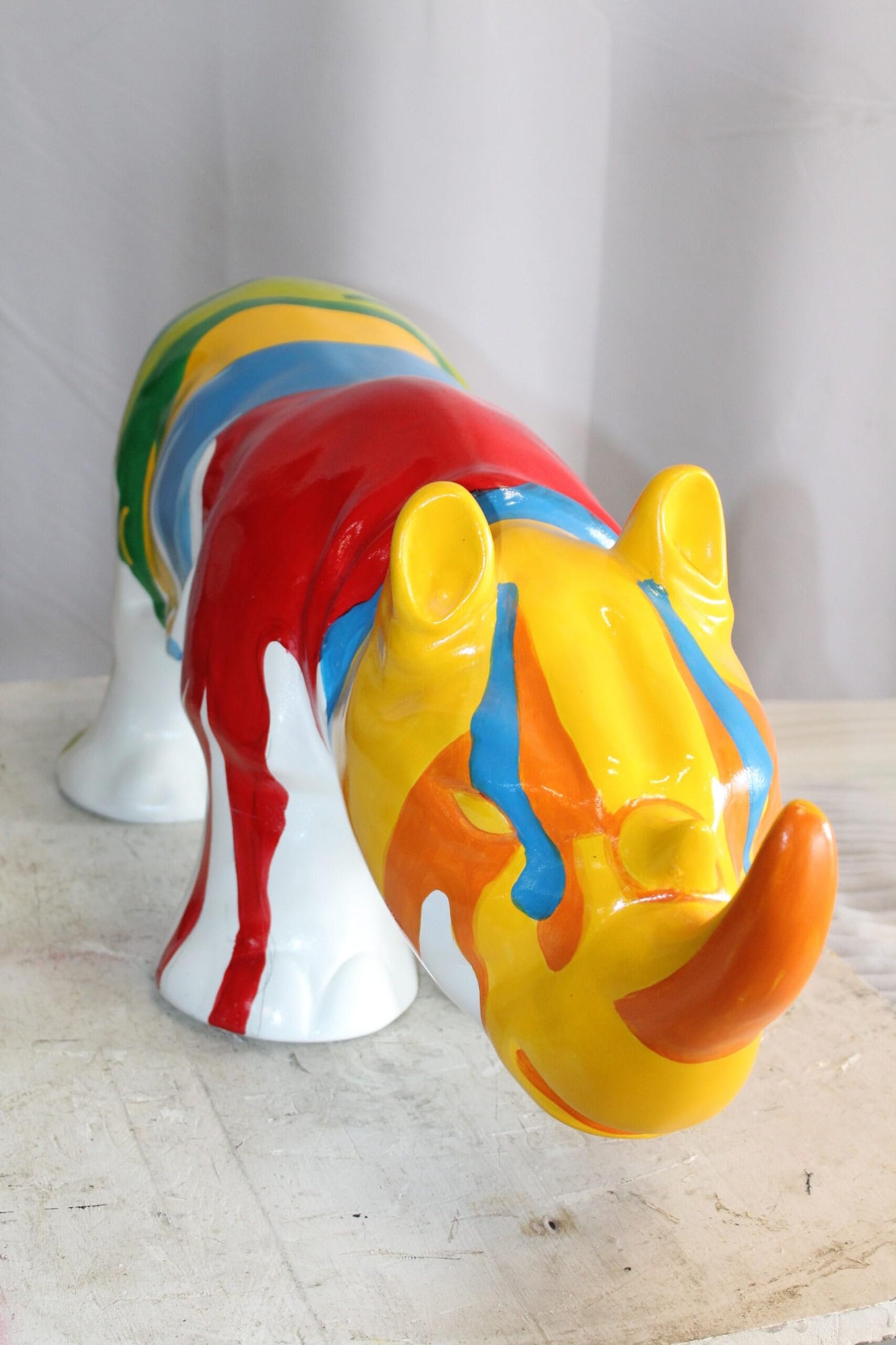 Fiberglass Rhino Statue Dynamic Presence with Paint Droplets 30" x 12" x 12"H
