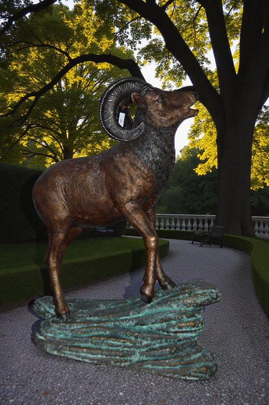 Life Size Ram standing on a rock Bronze Statue - Size: 38"L x 19"W x 45"H.