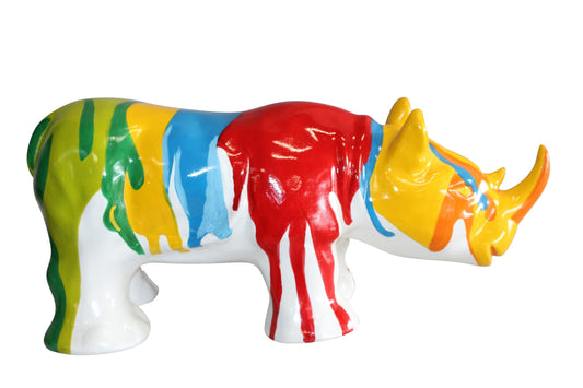 Fiberglass Rhino Statue Dynamic Presence with Paint Droplets 30" x 12" x 12"H