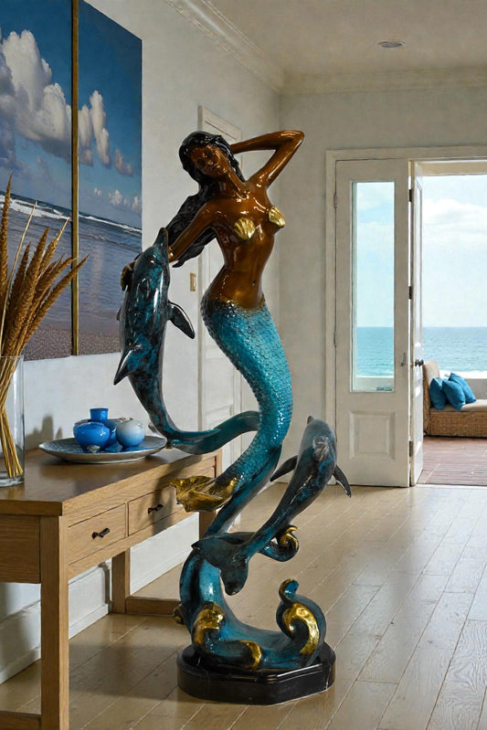 Graceful Mermaid and Two Dolphins Bronze Statue 13" x 9" x 31"H