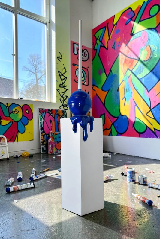 Blue Lollipop Mounted on A White Pedestal Resin Statue Size: 10" x 10" x 59"H