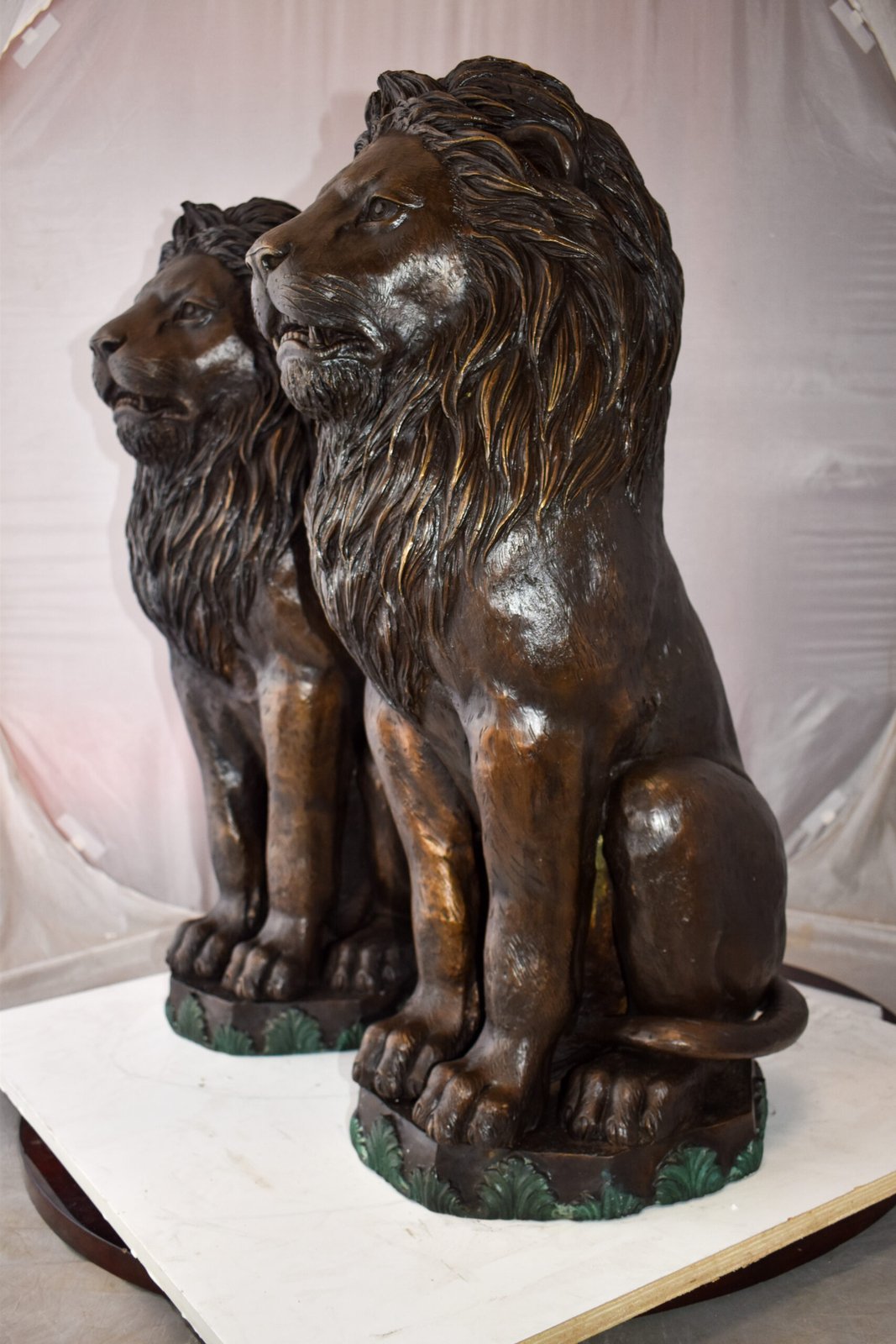 Pair Of Lions Sitting on Base Very Detailed Bronze Statues 13" x 26" x 34"H