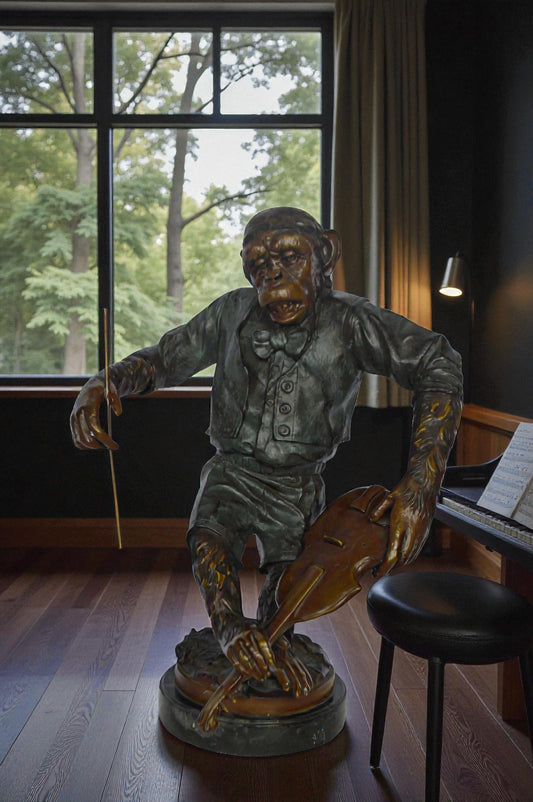 Monkey with Violin bronze statue - Size: 20"L x 17"W x 26"H