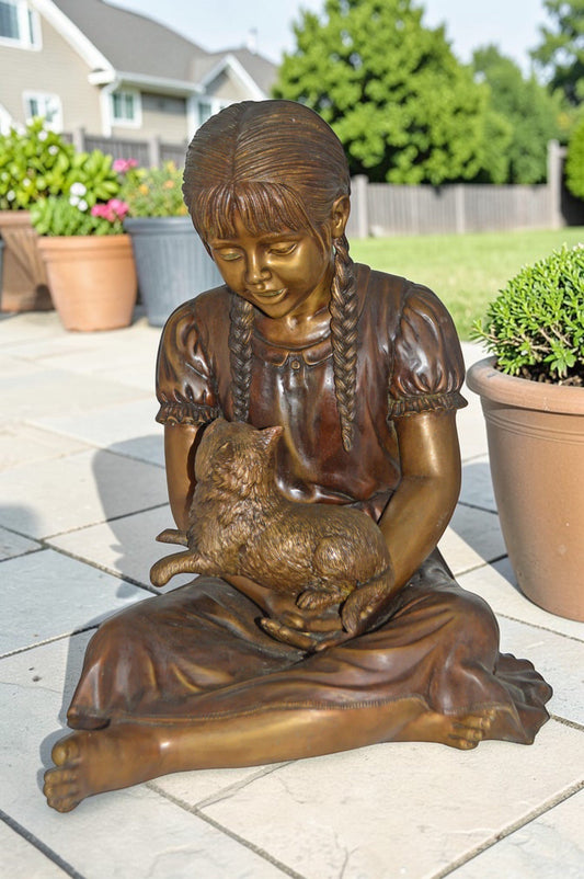 Girl Holding Her Cat Life Size Bronze Statue - Size: 23"L x 20"W x 24"H.