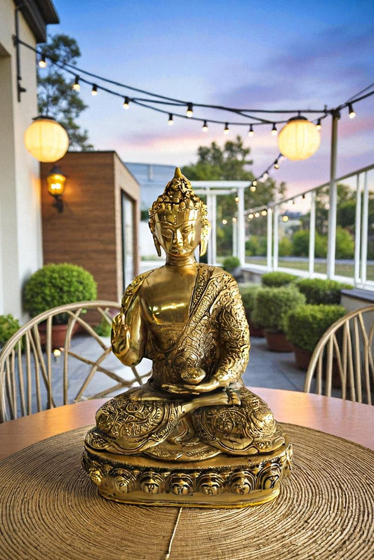 Tibetan Buddha Aluminum Sculpture in Radiant Gold Finish 10" x 7" x 14"H