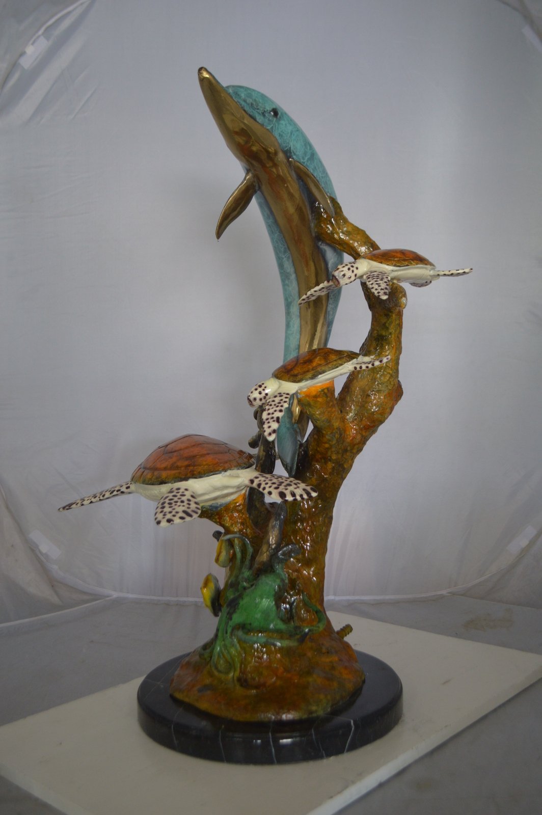 Dolphin medium with Turtles Fountain Bronze Statue - Size: 24"L x 34"W x 36"H.