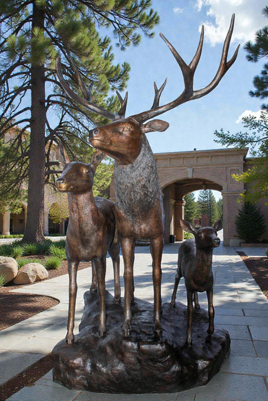 Life Size Bronze Deer Family Sculpture for Outdoor Display 48" x 50" x 81"H