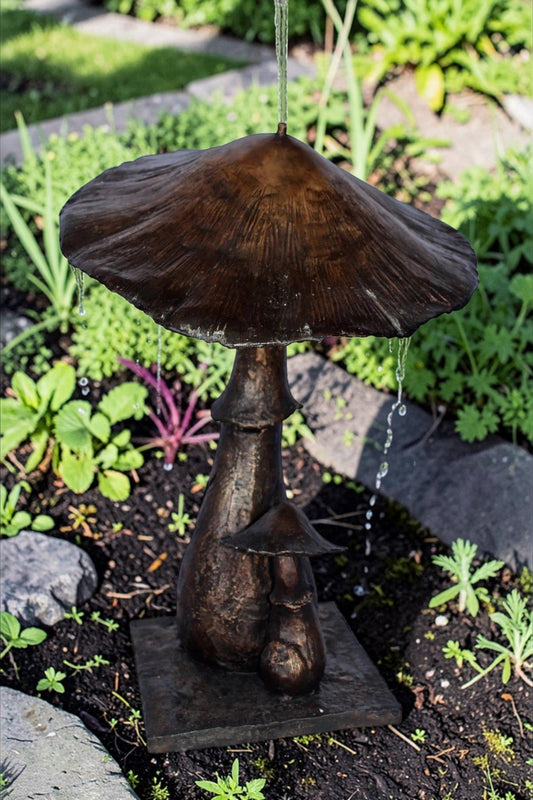 Leaning mushroom bronze statue fountain - Size: 18"L x 17"W x 24"H.