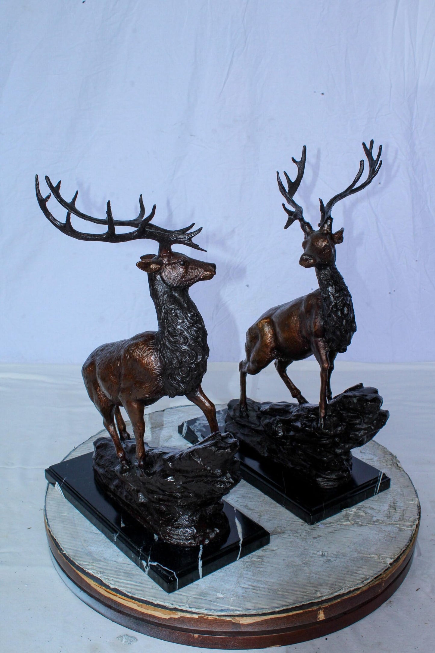 Bronze Pair of Deer Statues on Marble Base Lost Wax Method 15" x 10" x 21"H