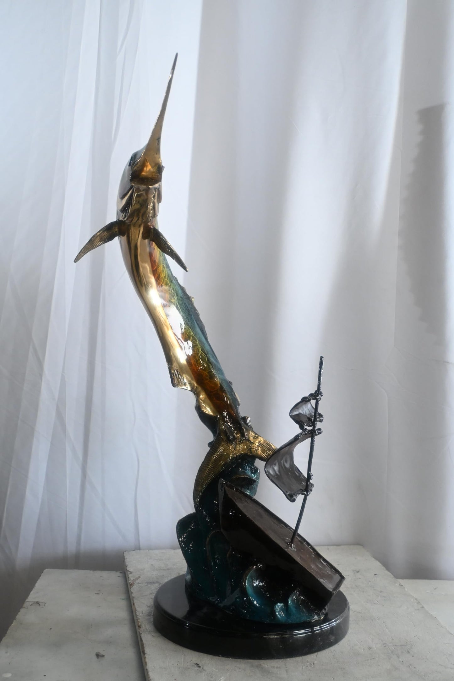 Leaping Marlin with Sailboat Bronze Sculpture 18"x18"x35"H