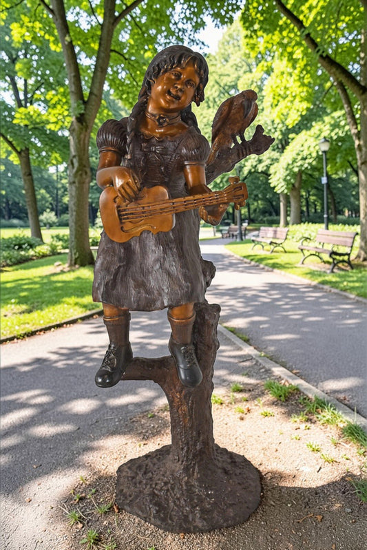 Girl on a Tree Playing the Ukulele with a Parrot Bronze Statue 25" x 23" x 50"H