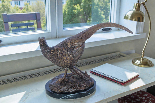 Pheasant Bird Bronze statue mounted on a Marble Base 14" x 6" x 10"H