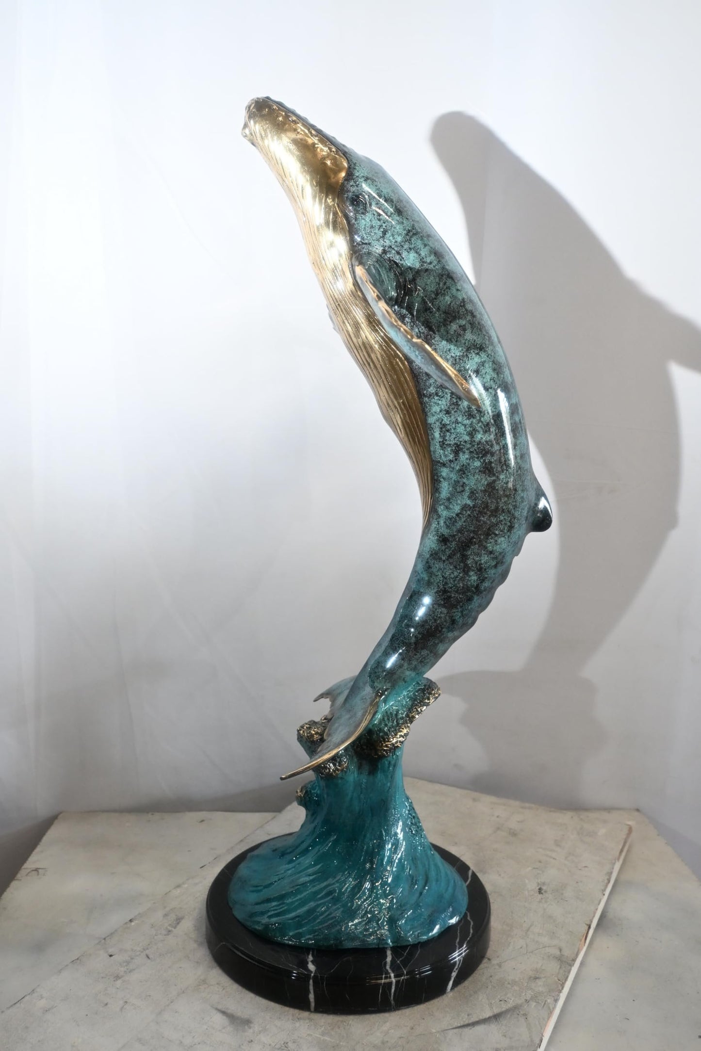 Bronze Humpback Whale Breaching Sculpture Ocean Wave 40"x24"x16"H