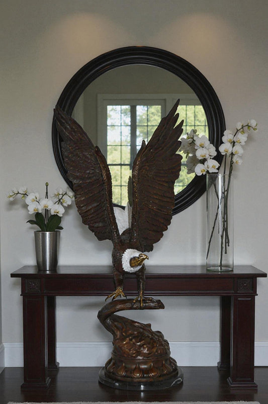 Eagle Coming to a Landing on a Branch Bronze Statue - Size: 15"L x 15"W x 31"H