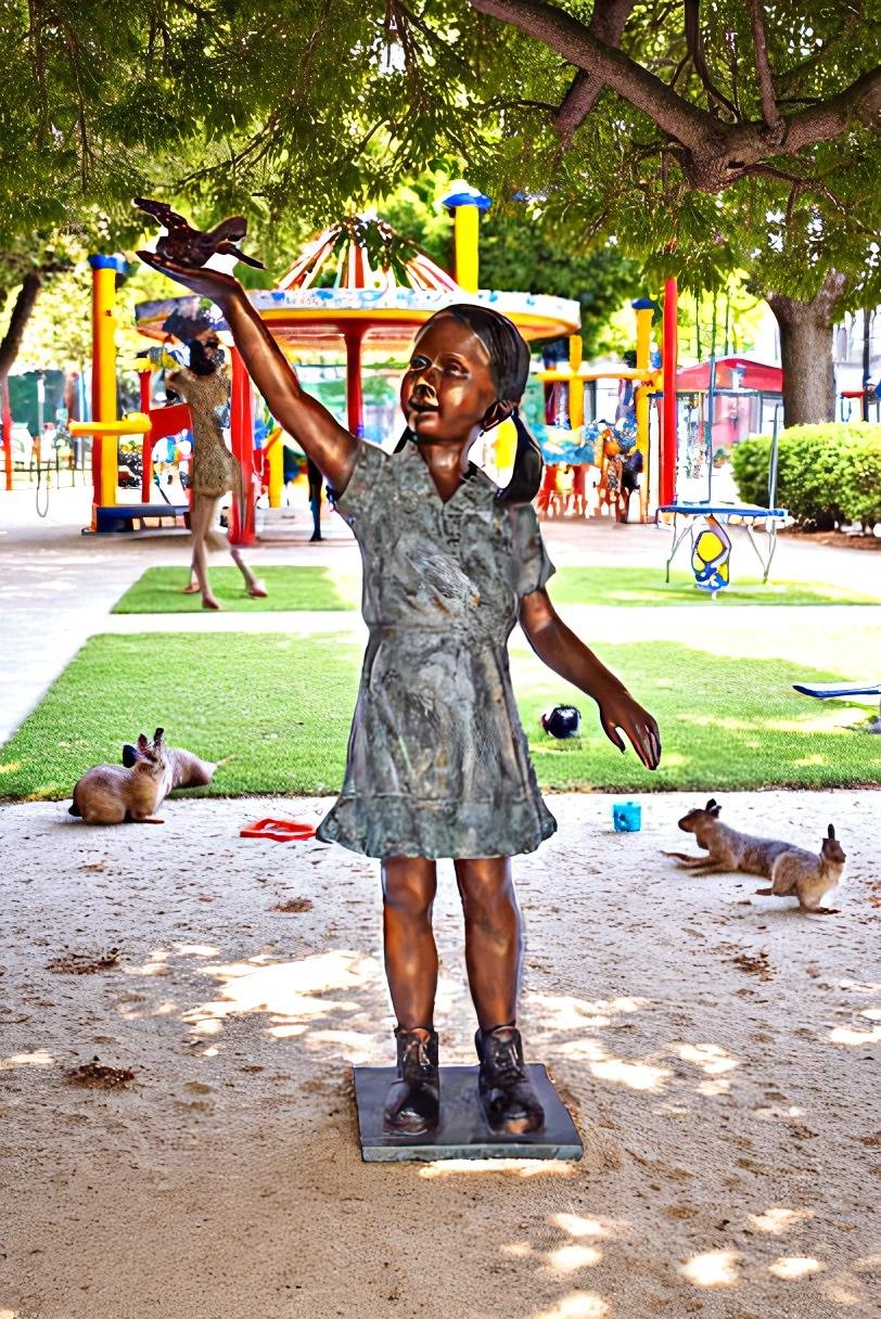 Young Girl Holding a Bird Outside at The Park - Size: 21"L x 11"W x 49"H.