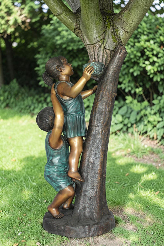 Two Kids Climbing on a Tree Bronze Statue - Size: 17"L x 17"W x 46"H.