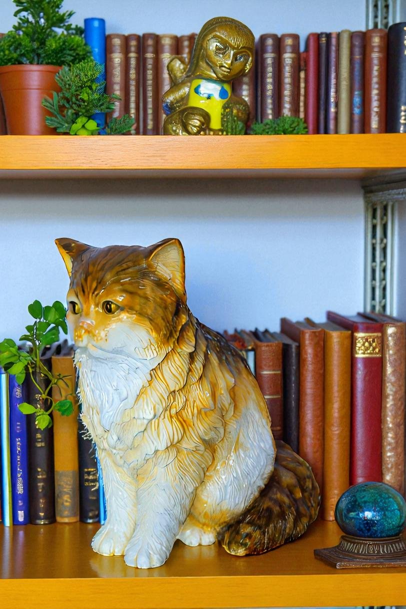 Brown Cat Sitting Bronze Statue, Charming for Cat Lovers 12" x 10" x 14"H