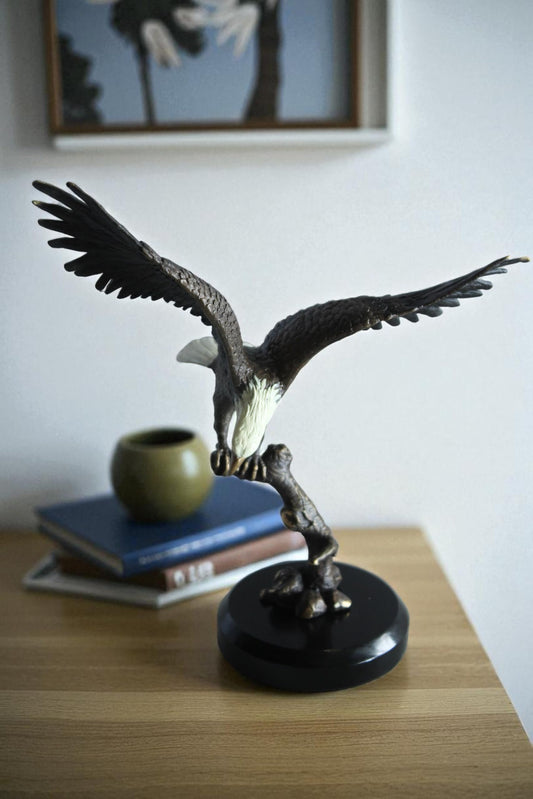 NIFAO Bronze Eagle Statue on Marble Base Soaring Bird Sculpture 8" x 5" x 10"H