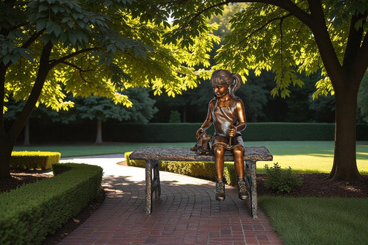 Young Girl with Her Puppy on Bench Reading Bronze Statue, Size 37" x 17" x 38"H