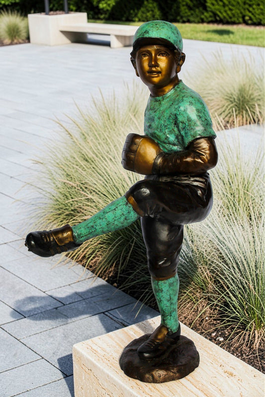 Nifao Bronze Baseball Pitcher Statue – Young Athlete Mid Throw with Green & Brown Patina Finish – Sports Decor & Gift – Handcrafted Lost Wax Casting- 21" x 12" x 37"H