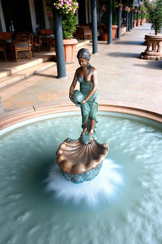 Girl Holding a Pot on Shell Fountain Bronze Statue -  Size: 33"L x 30"W x 62"H.