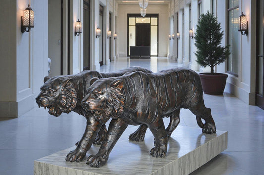 Pair Of Tigers Bronze Statues - Size: 52"L x 10"W x 21"H.