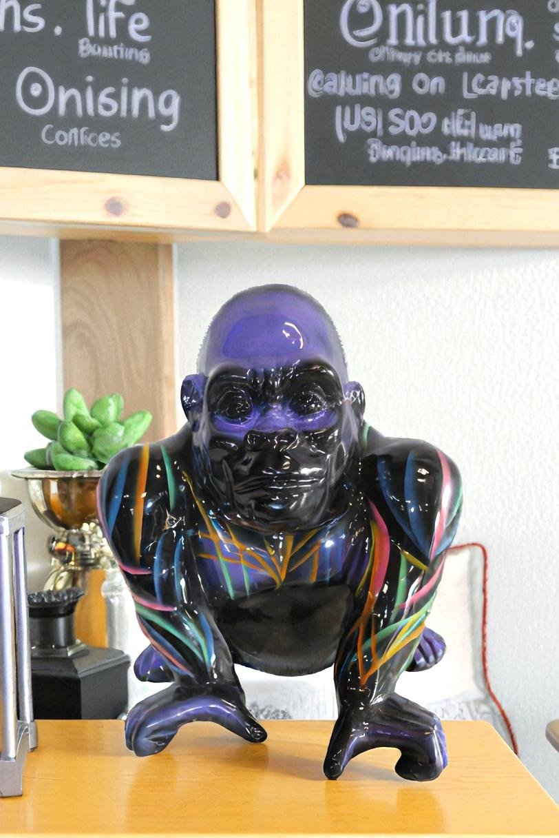 Fiberglass Gorilla Statue Colored with Dripping paint 14" x 15" x 17"H
