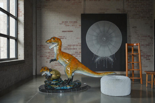 Dinosaur and baby Dino Bronze Statue - Size: 26"L x 11"W x 18"H.