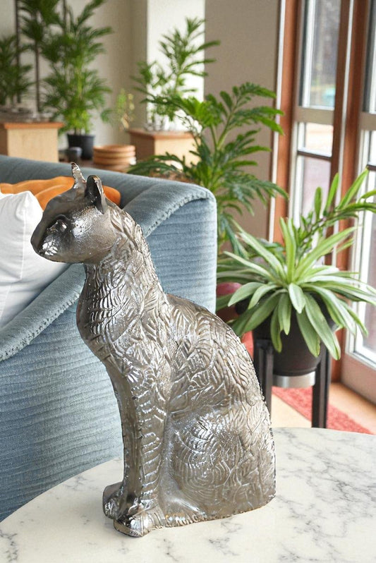 Aluminum Artistry Intricately Sitting Cat Statue in Silver 10" x 4" x 13"H