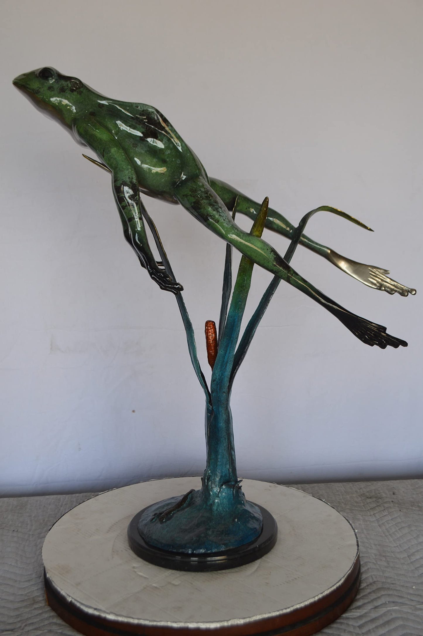 Large Frog Jumping Up Bronze Statue on a Marble - Size: 30"L x 14"W x 34"H.