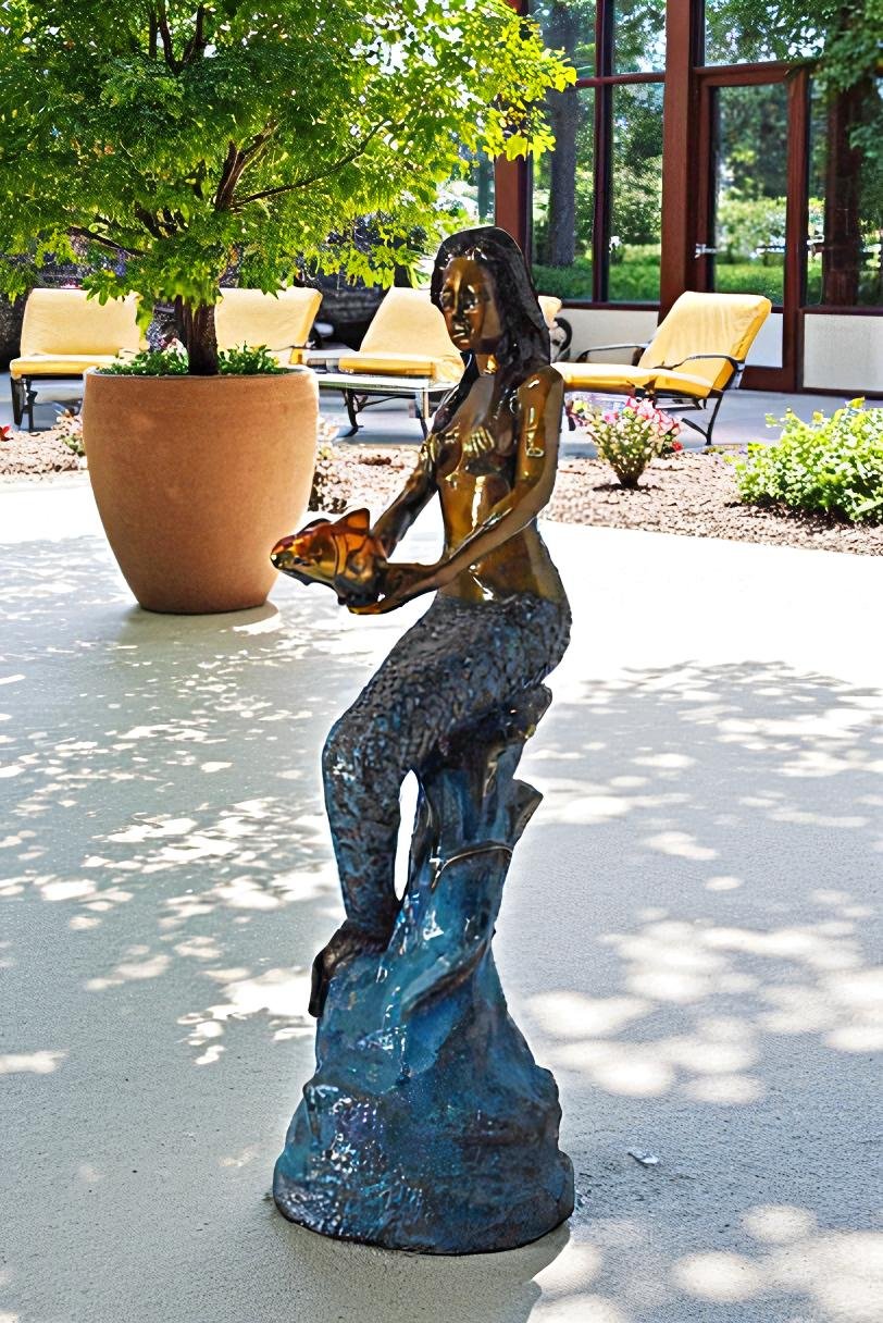 Mermaid Holding Two Fish Bronze Statue Color Finish - Size: 14" x 14" x 43"H.