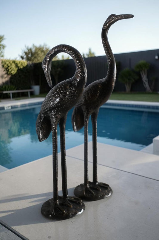 Elegant Pair of Standing Crane Birds Aluminum Sculptures 13"x16"x21"H