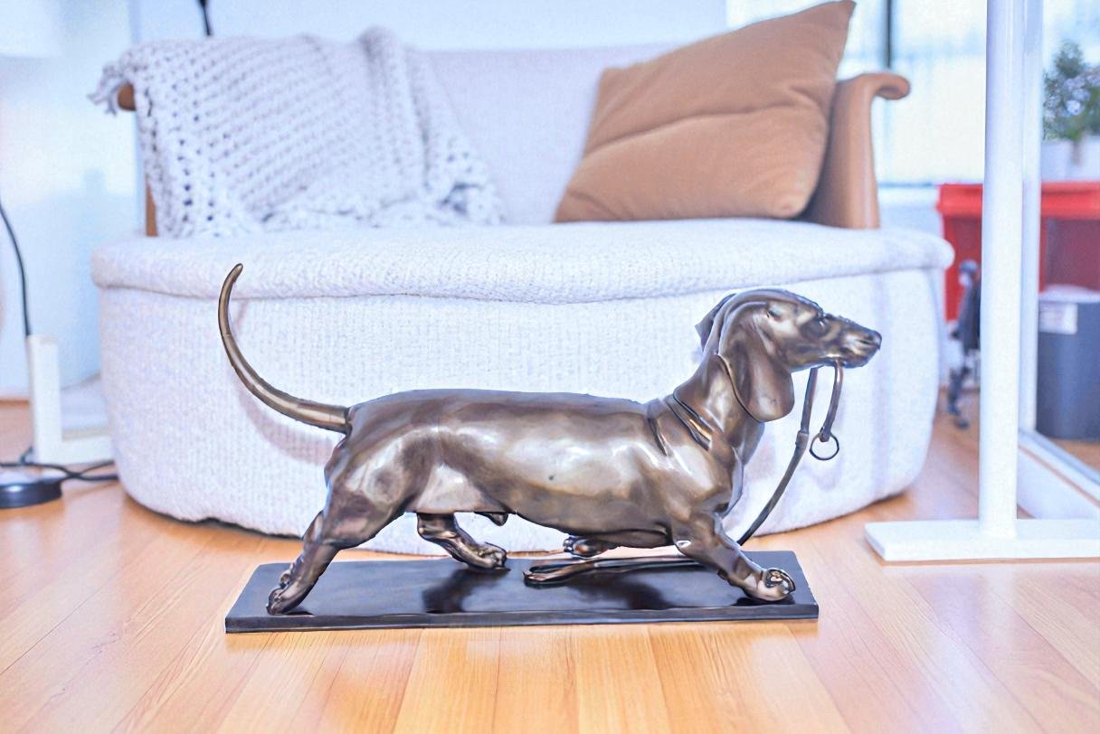 Detailed Dachshund Dog Walking Bronze Statue Mounted on Marble 29" x 8" x 15"H