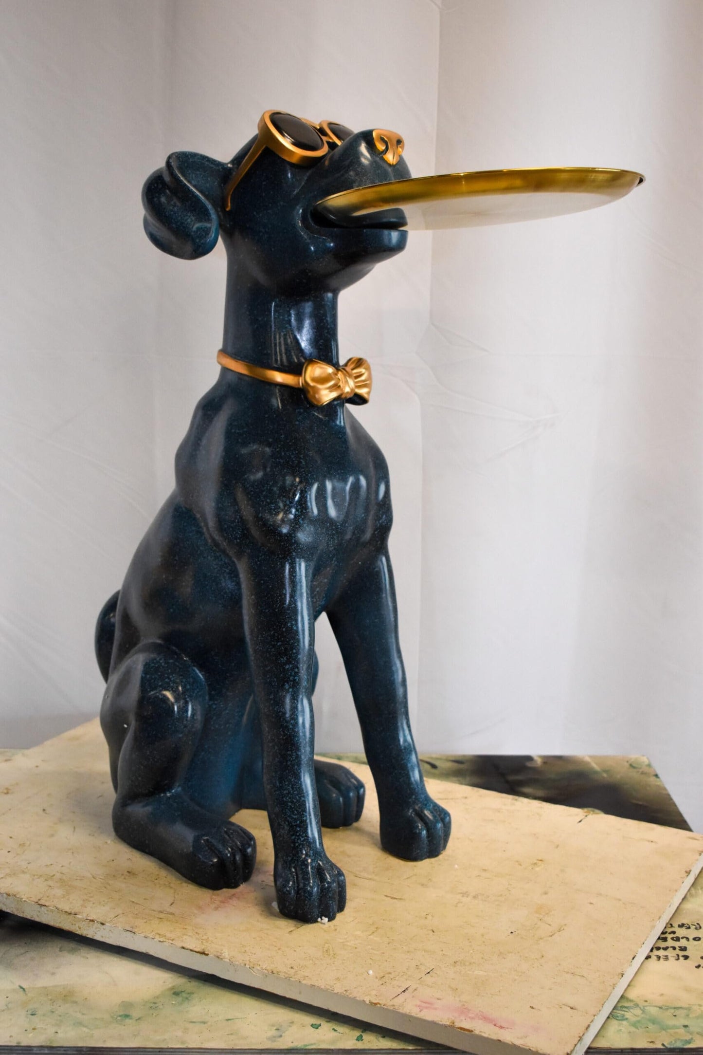 Happy Host Dog Resin Statue with A Tray, Blue Finish 25" x 12" x 31"H