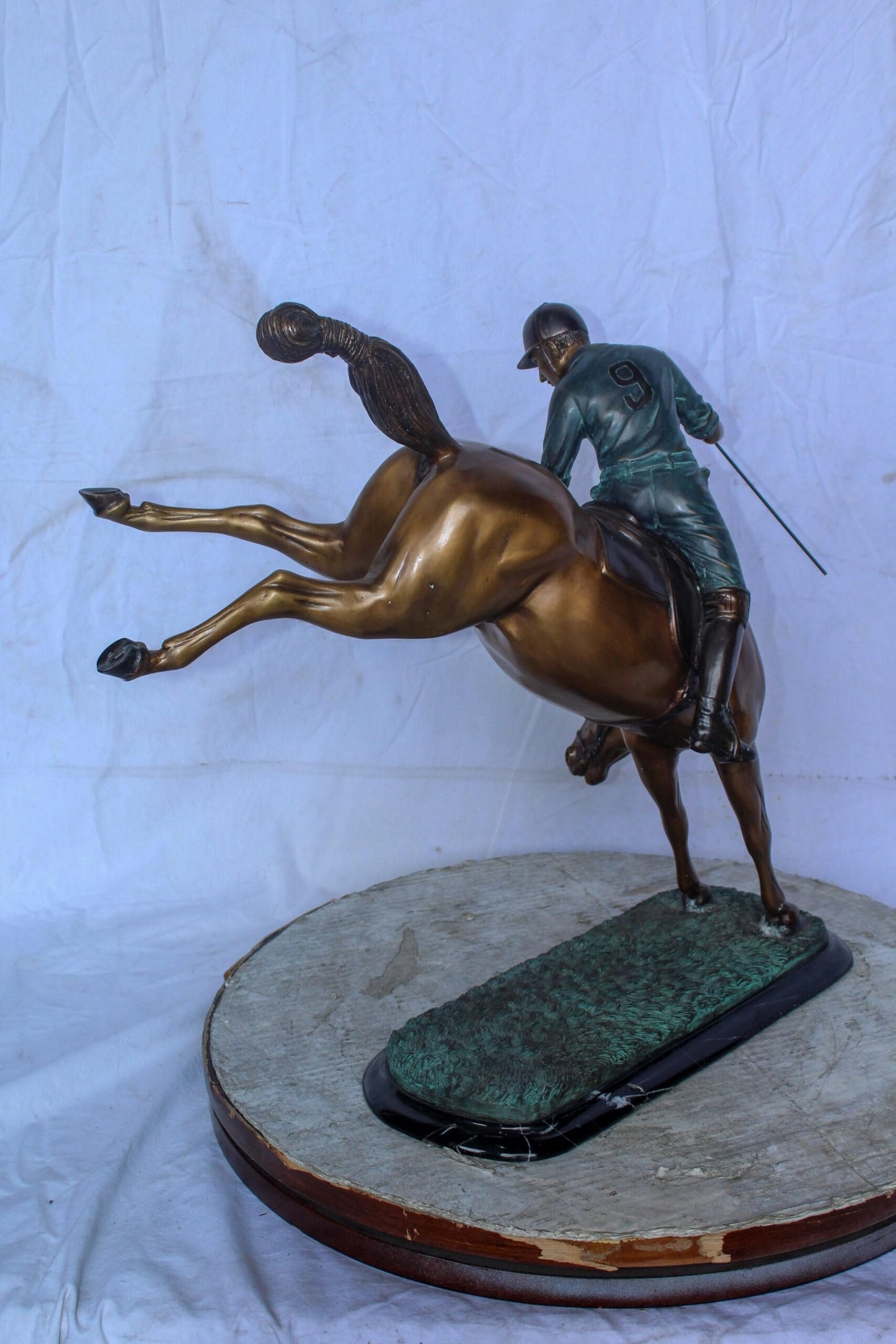 Dynamic Polo Player and Horse in Game Action Bronze Statue  21" x 11" x 22"H