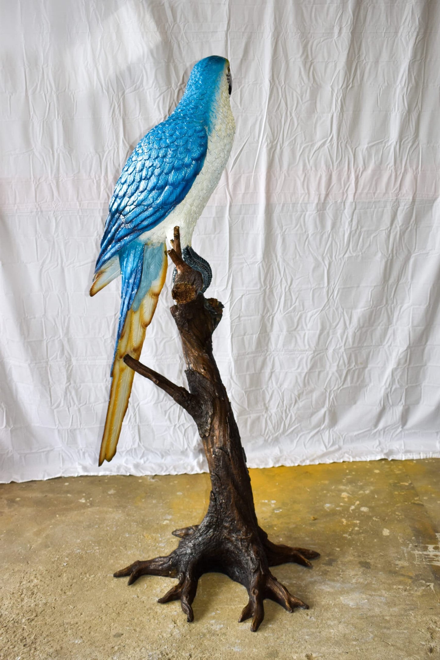 Giant Blue and White Parrot Standing on A Tree Bronze Statue 30" x 24" x 66"H