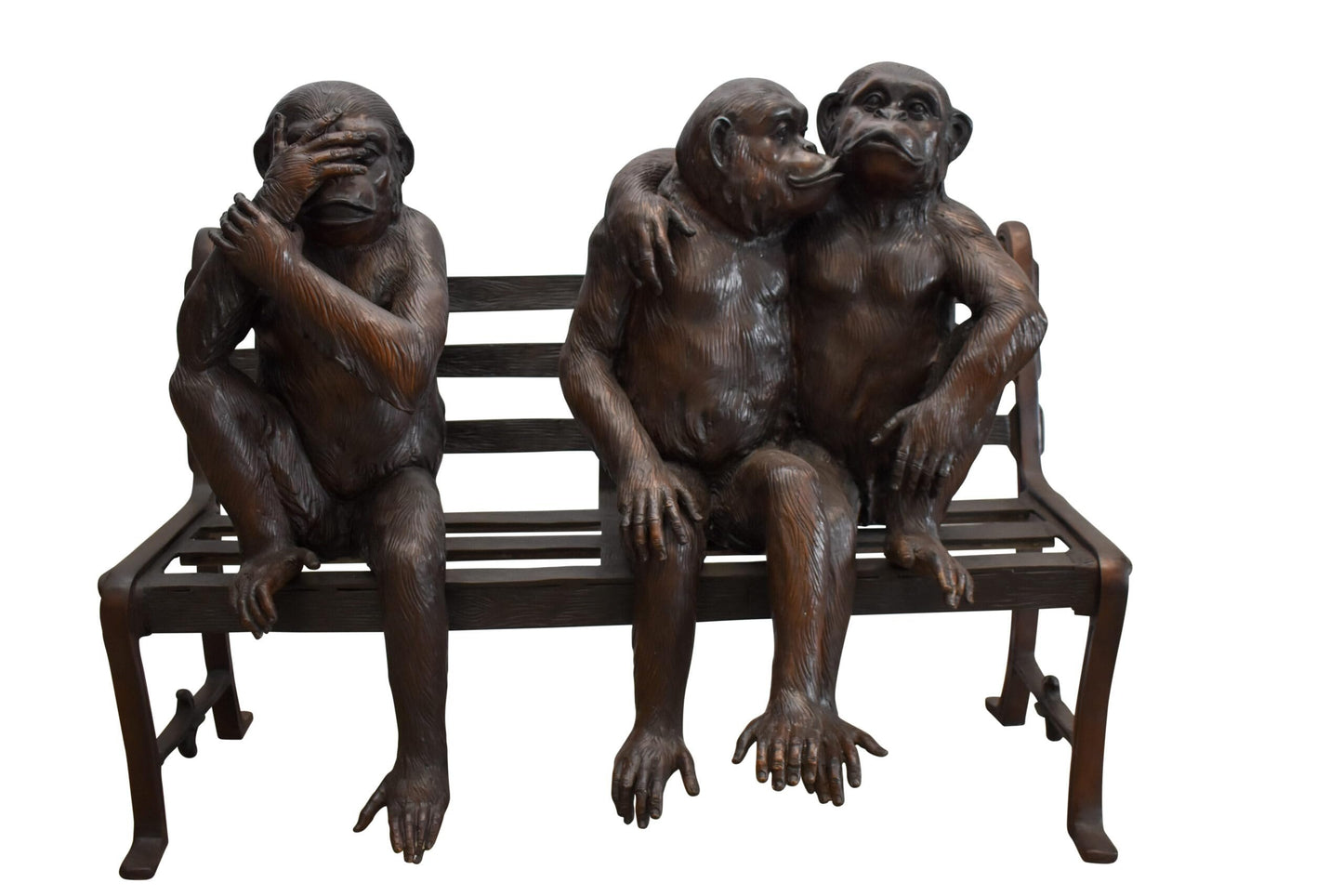 Three Emotional Monkeys on Bench Bronze Statue 57" x 20" x 43"H