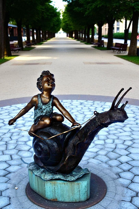 Happy boy riding a snail bronze statue fountain - Size: 42"L x 14"W x 34"H.