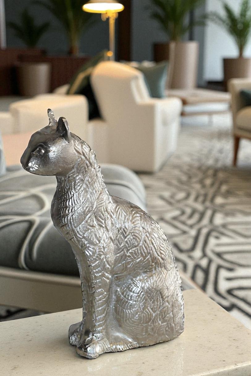 Aluminum Artistry Intricately Sitting Cat Statue in Silver 10" x 4" x 13"H