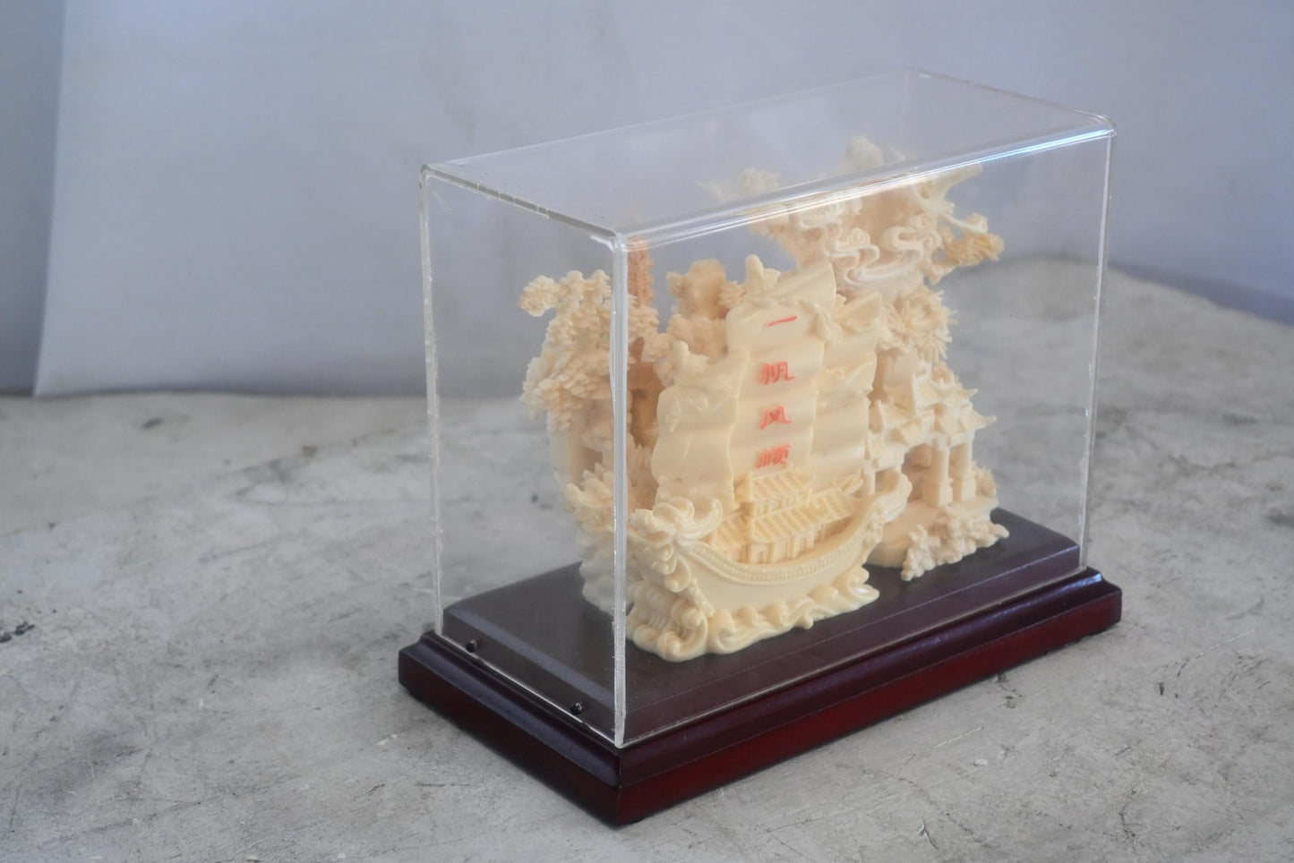 Carved Resin Chinese Sailing Junk Ship Diorama in Case 8"x4"x7"H