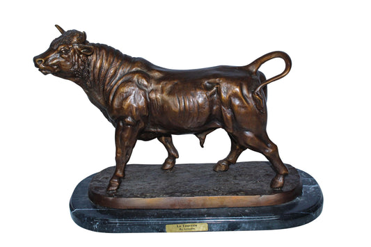 Bronze Bull Statue Le Taureau by Arnadia on Marble Base 19" x 8" x 13"H