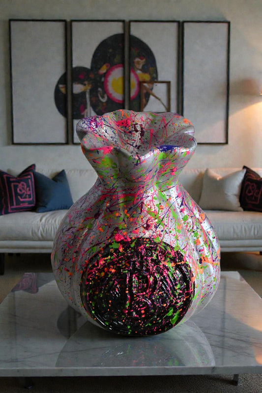 NIFAO Money Bag Vase Ceramic Sculpture Neon Splatter Andres Mendez 4"x5"x6"H