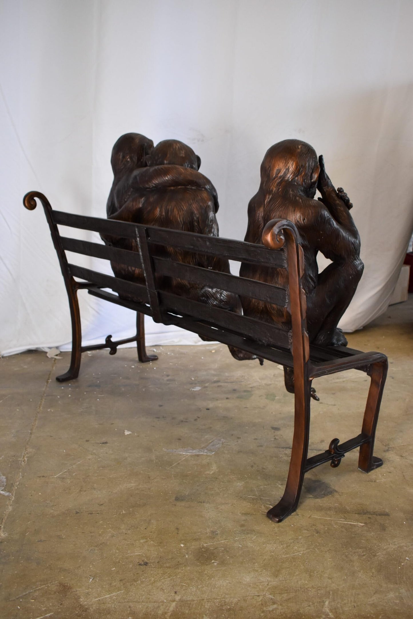 Three Emotional Monkeys on Bench Bronze Statue 57" x 20" x 43"H