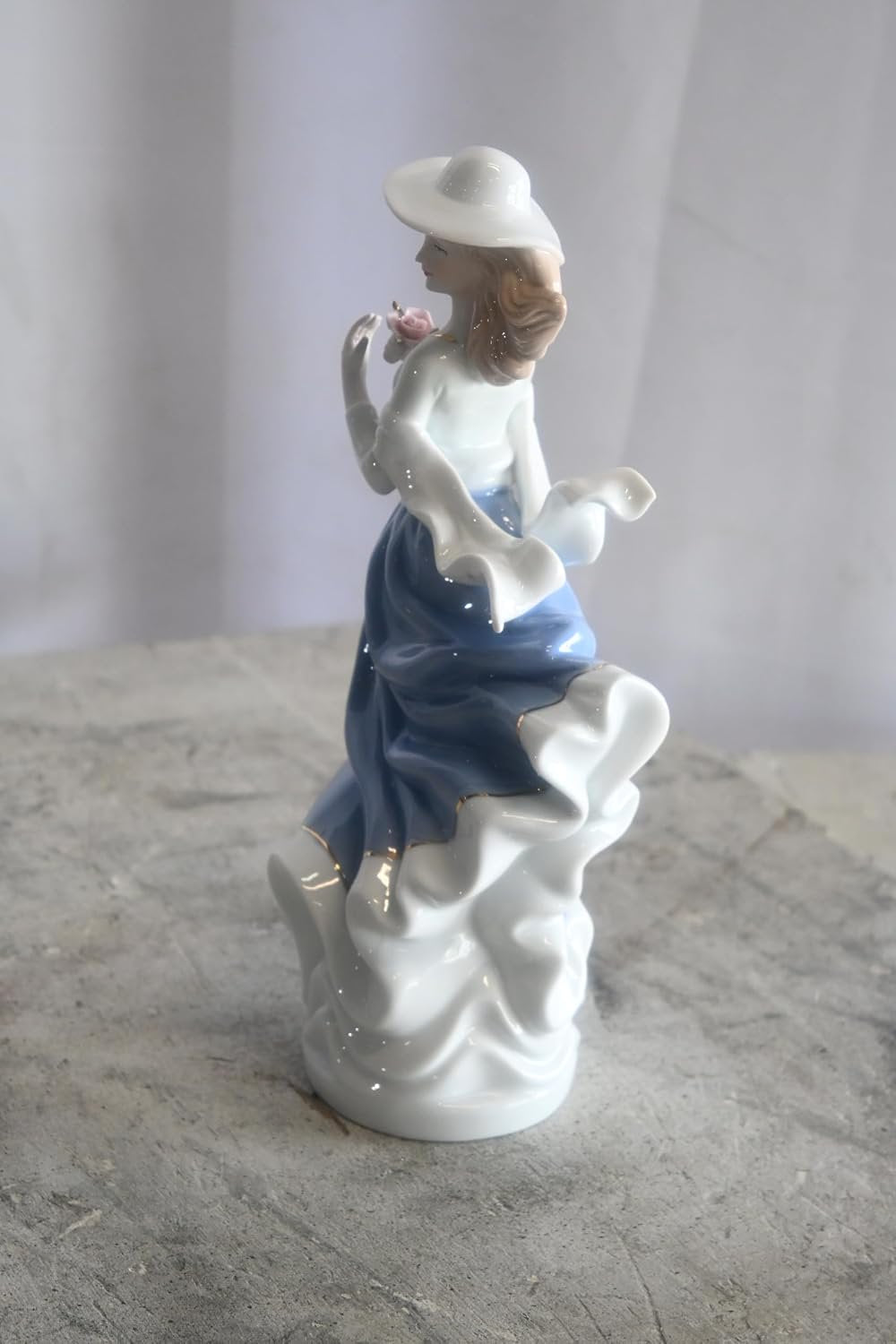 Porcelain Elegant Lady Blue Dress Hat Figurine with Rose 5"x4"x12"H